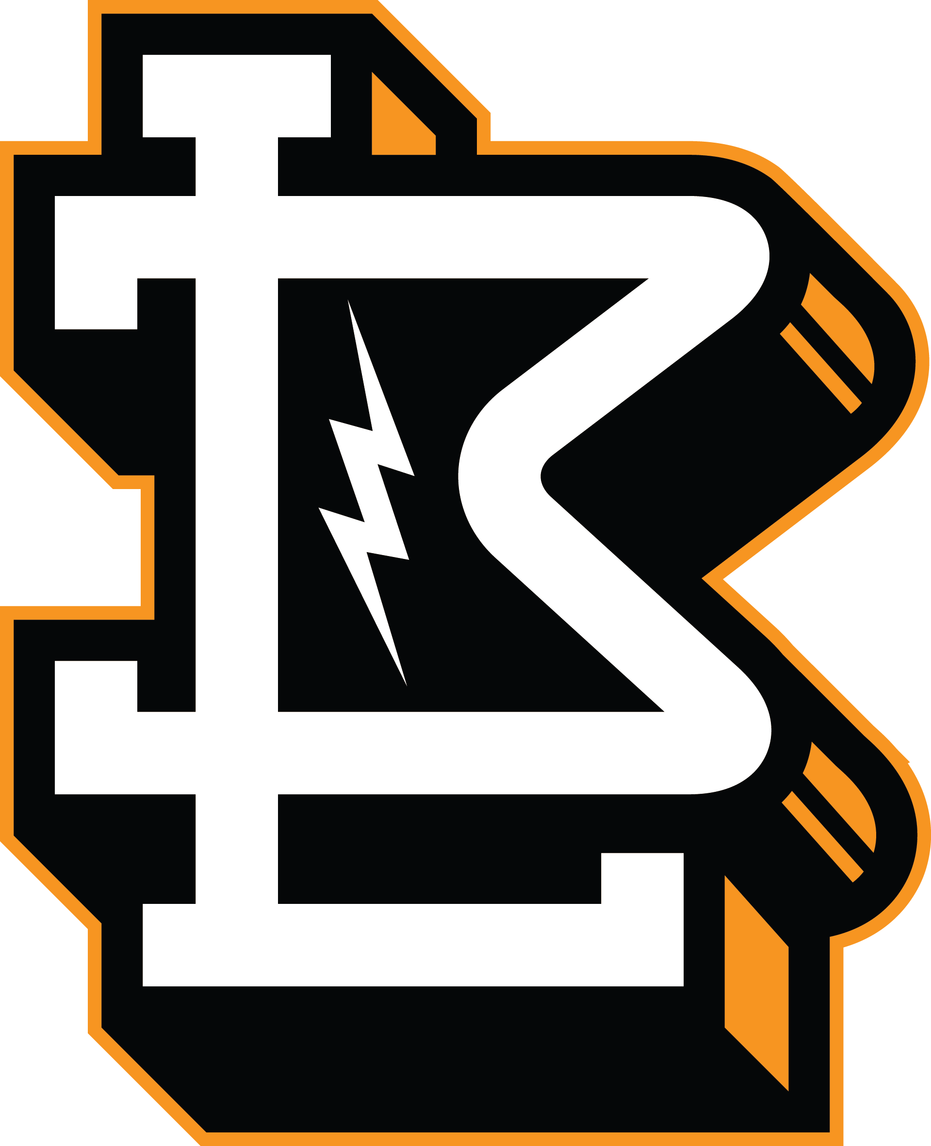 Stylized black-and-white lightning logo with orange outline, resembling a bold letter B for BLK LBL Fitness