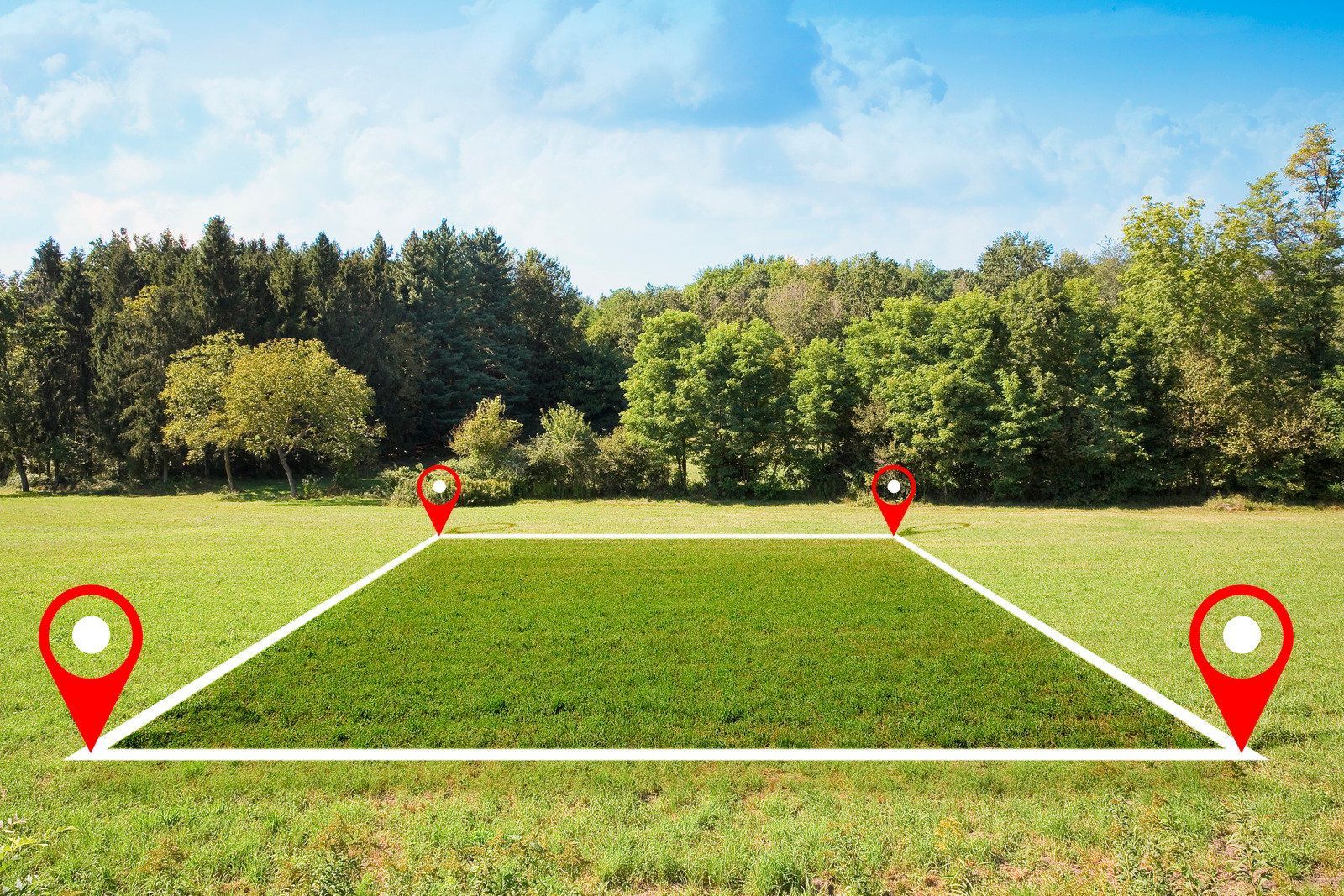 A grassy field marked by four map pins at the corners of a white outlined rectangle, with a forest in the background.