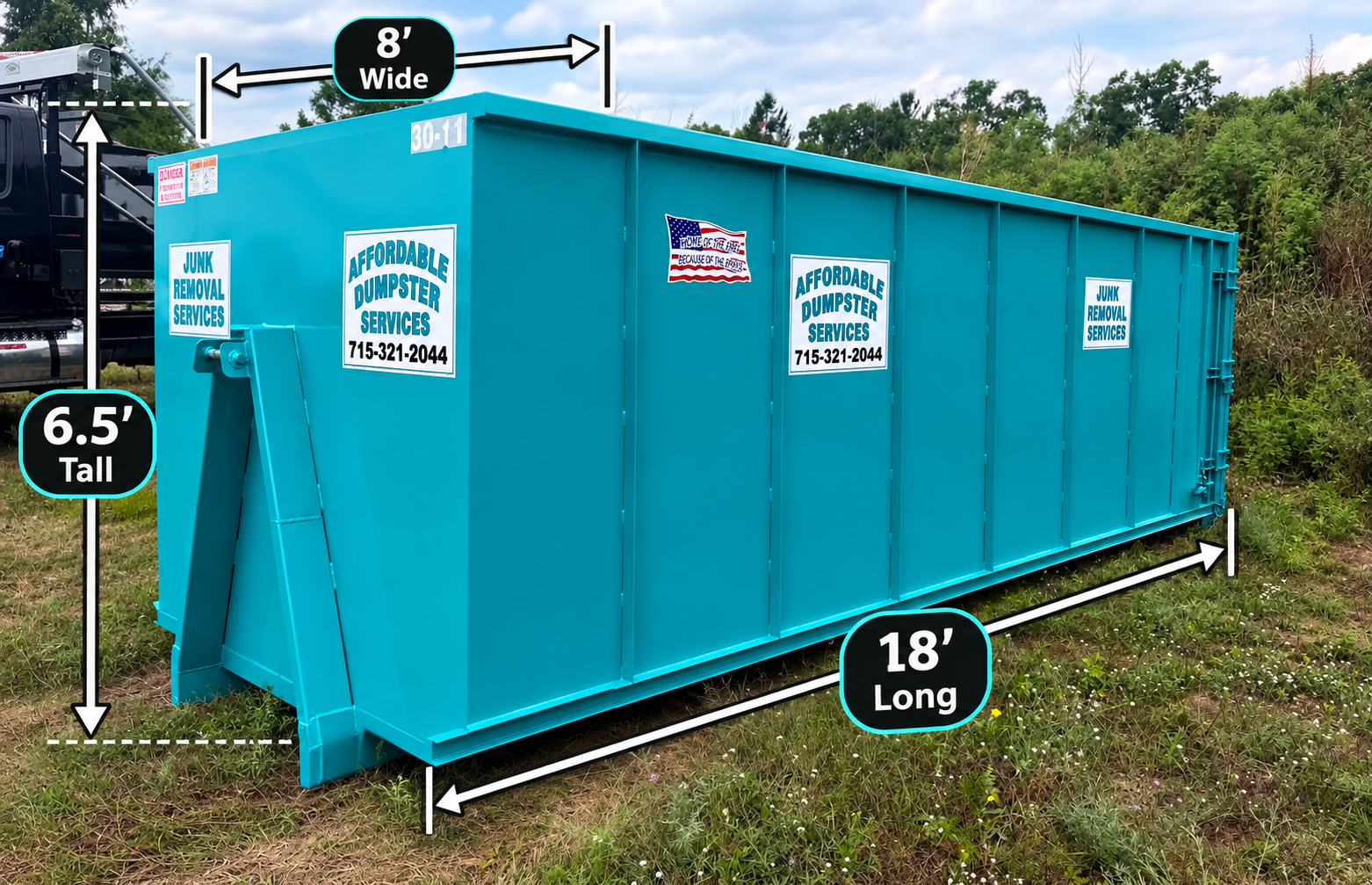Teal 18-foot storage container on grass, labeled with 8-foot width and 6.5-foot height measurements