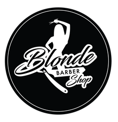 Blonde Barber Shop logo with white script and barber silhouette on a black circular background