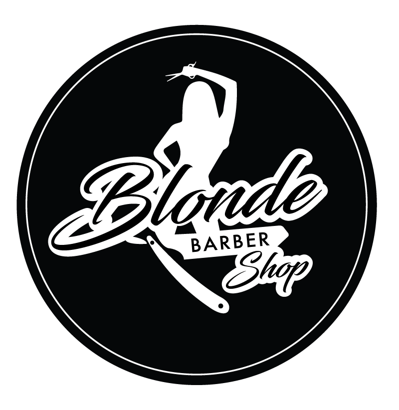 Blonde Barber Shop logo with white script and barber silhouette on a black circular background