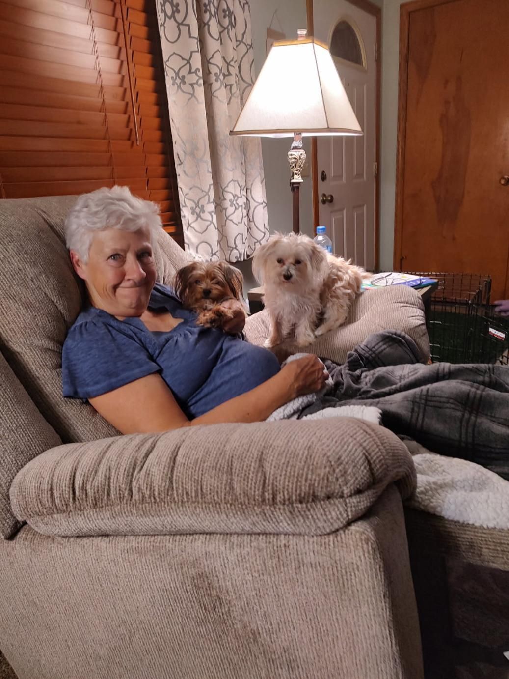 Woman on a couch holding two small dogs beside a lit lamp in a cozy living room.