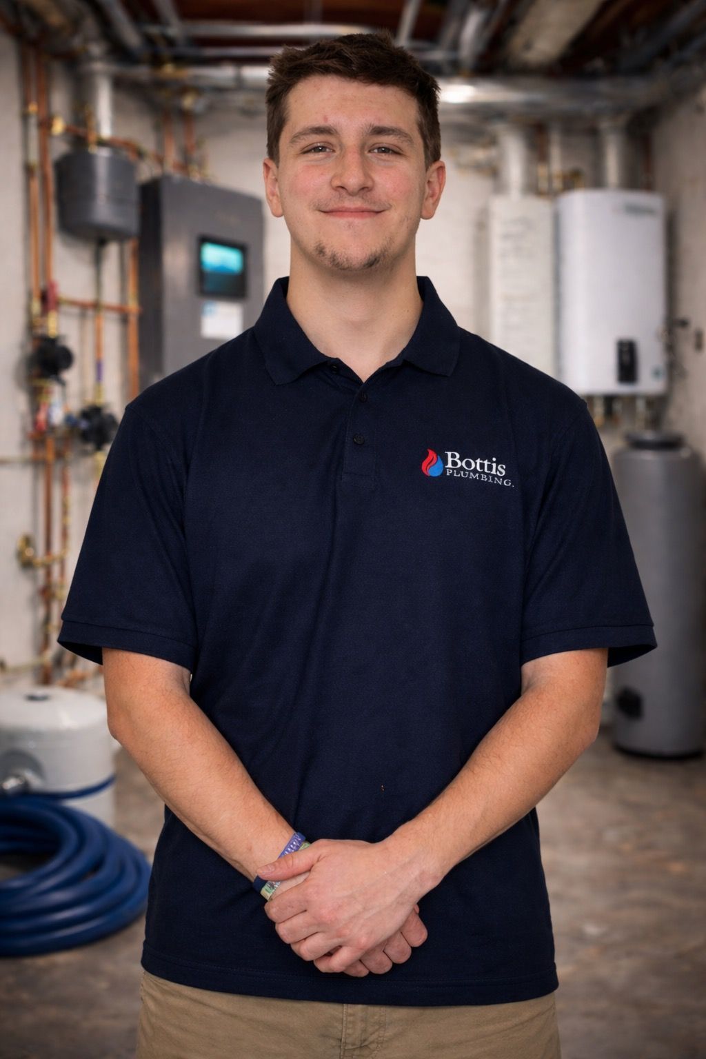 Person standing in a utility room, wearing a navy polo shirt with hands clasped