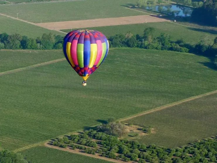 A colorful hot air balloon is flying over a lush green field.