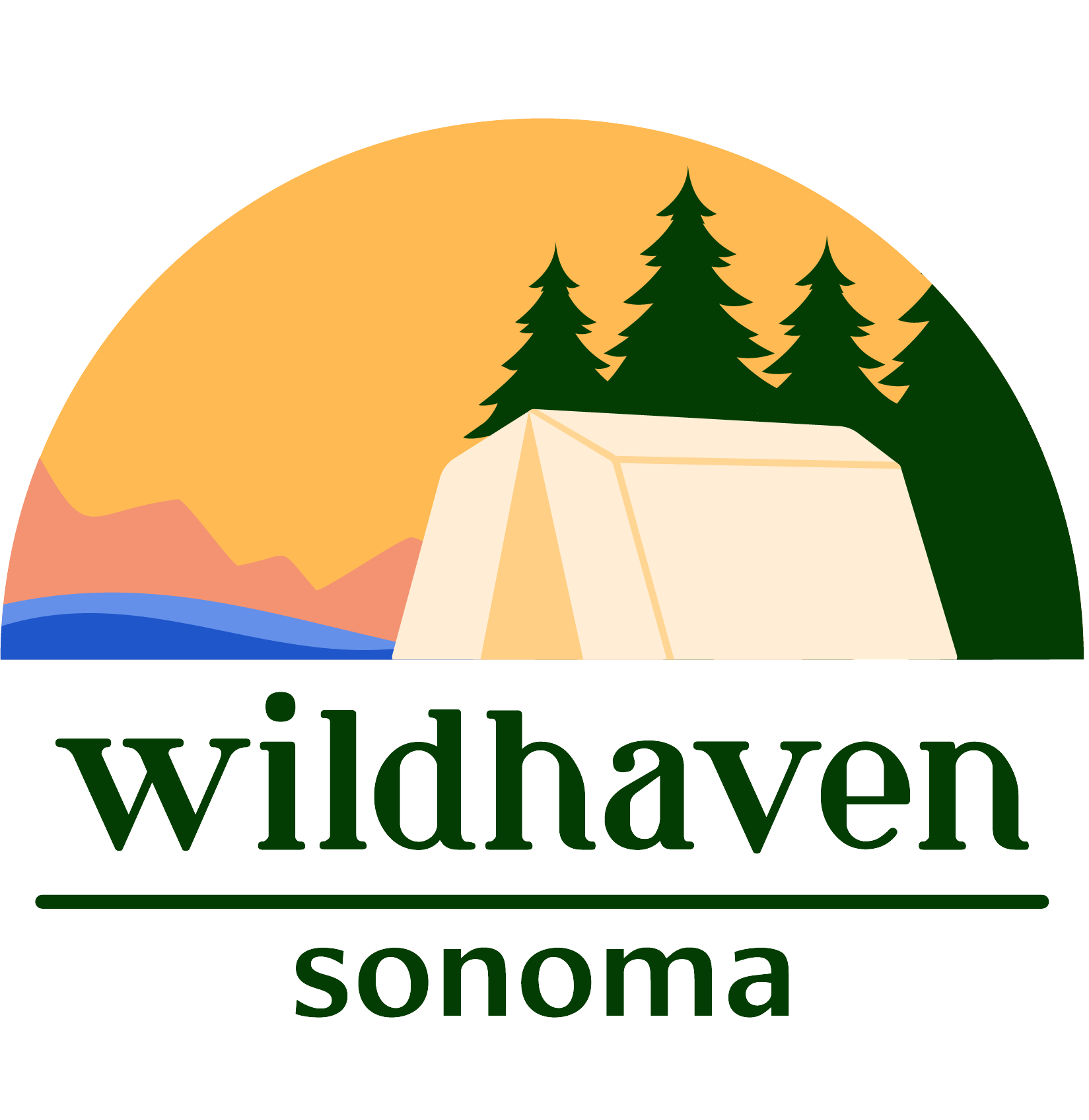 The logo for Wildhaven Sonoma with tent in front of river with trees, mountains, and sunset in background