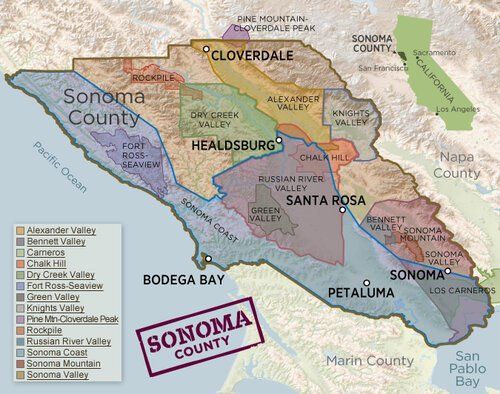 A map of sonoma county with a stamp on it