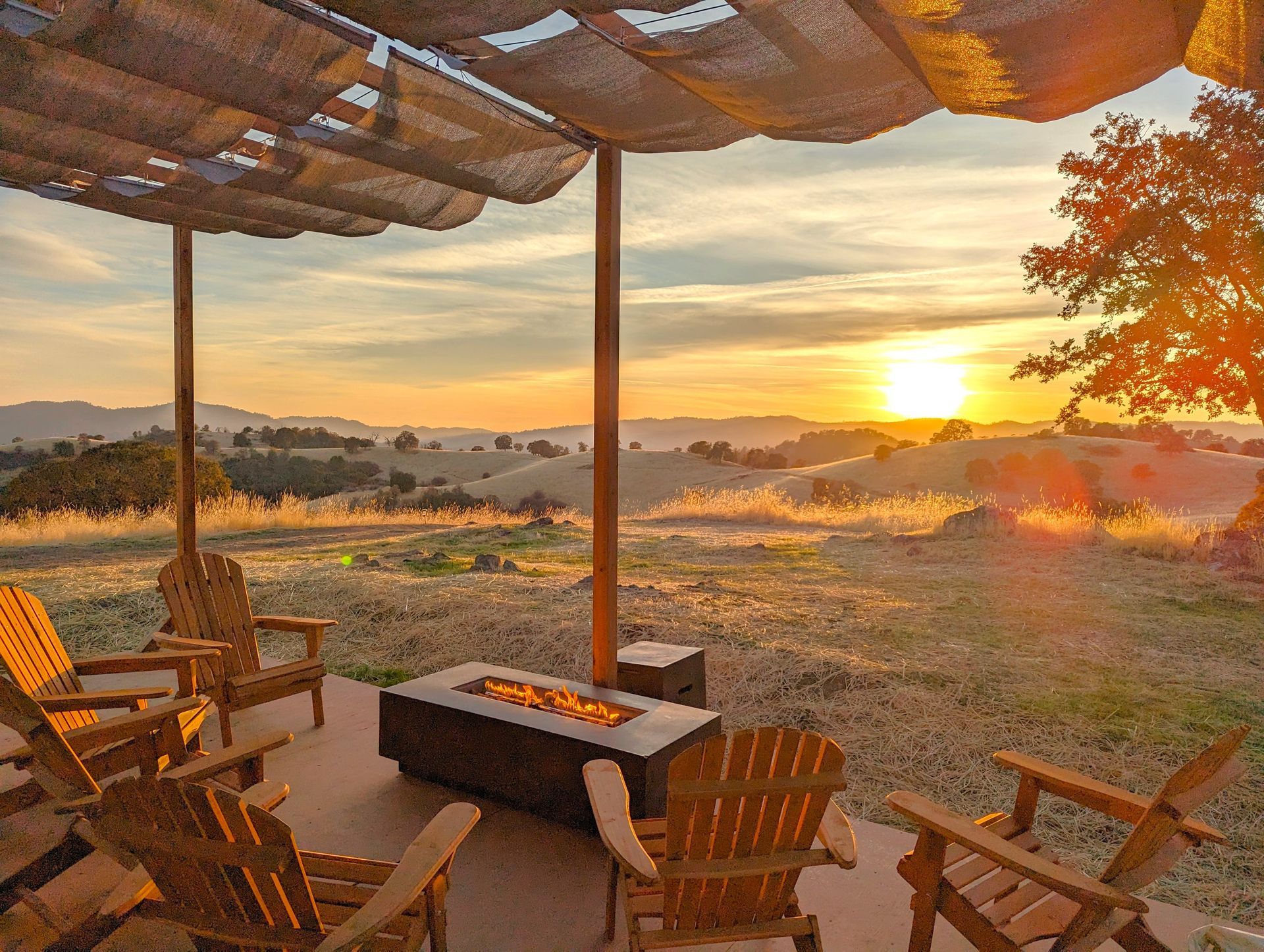 Pergola with firepit overlooking the Yosemite Valley at sunset