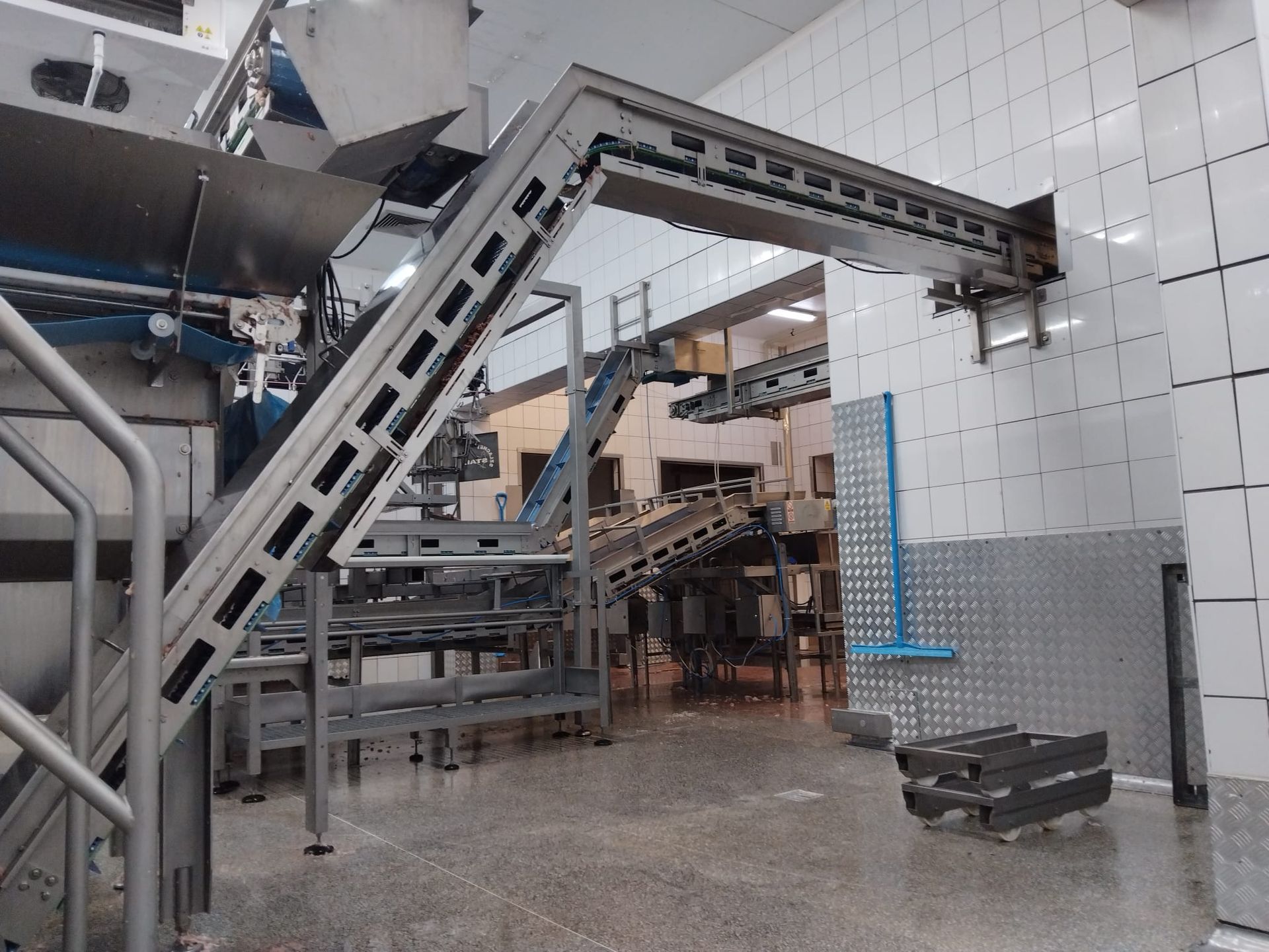 Inclined conveyor with full stainless steel housing – perfect for hygienic food processing environments