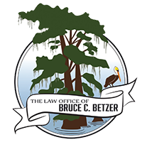Logo for The Law Office of Bruce C. Betzer, featuring a cypress tree, pelican, and water in a circular frame.