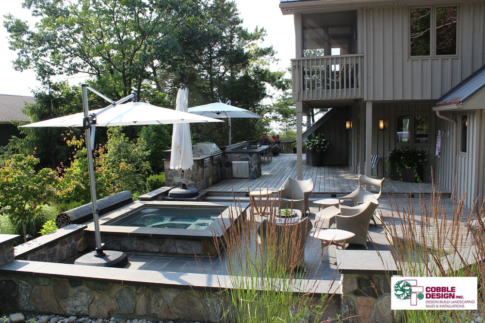 A house with a swimming pool and umbrellas in front of it