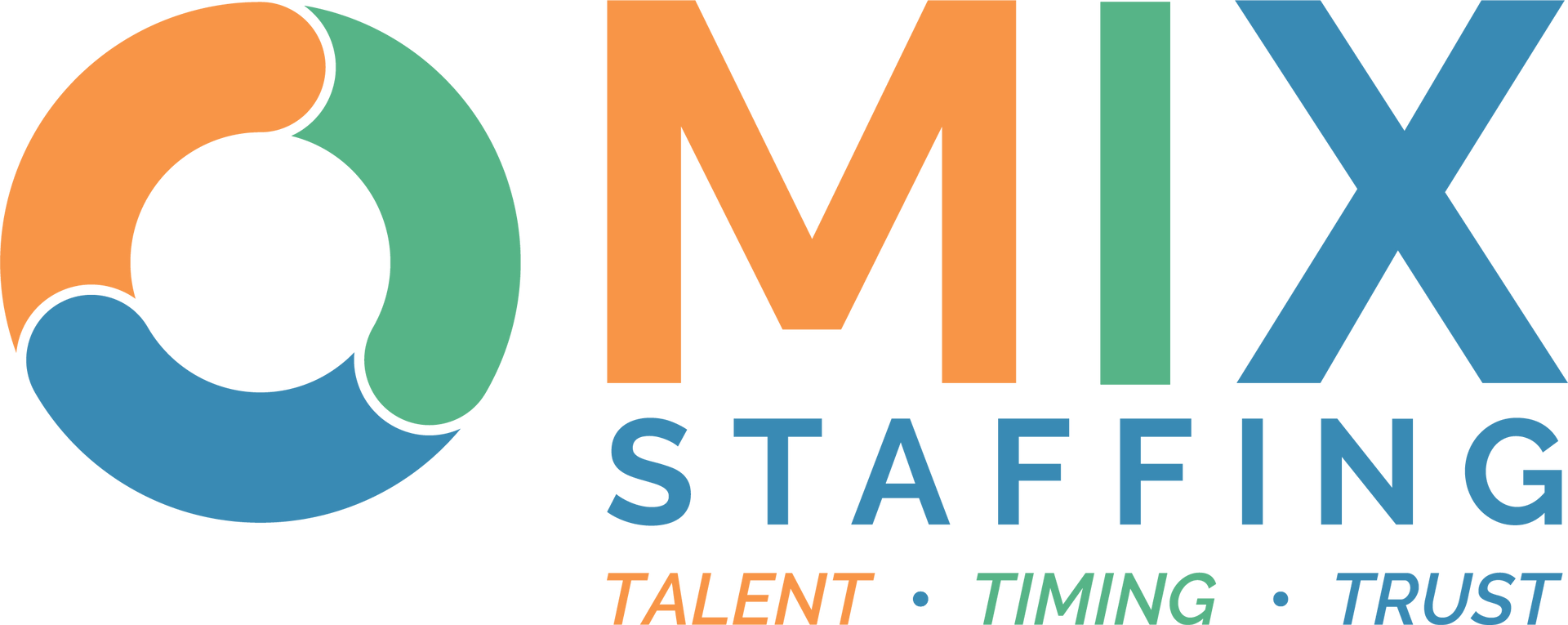 MIX Staffing logo with orange, green, and blue icon, blue “STAFFING,” and tagline “Talent. Timing. Trust.”