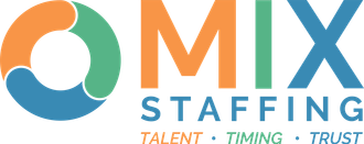 MIX Staffing logo with orange, green, and blue icon, blue “STAFFING,” and tagline “Talent. Timing. Trust.”