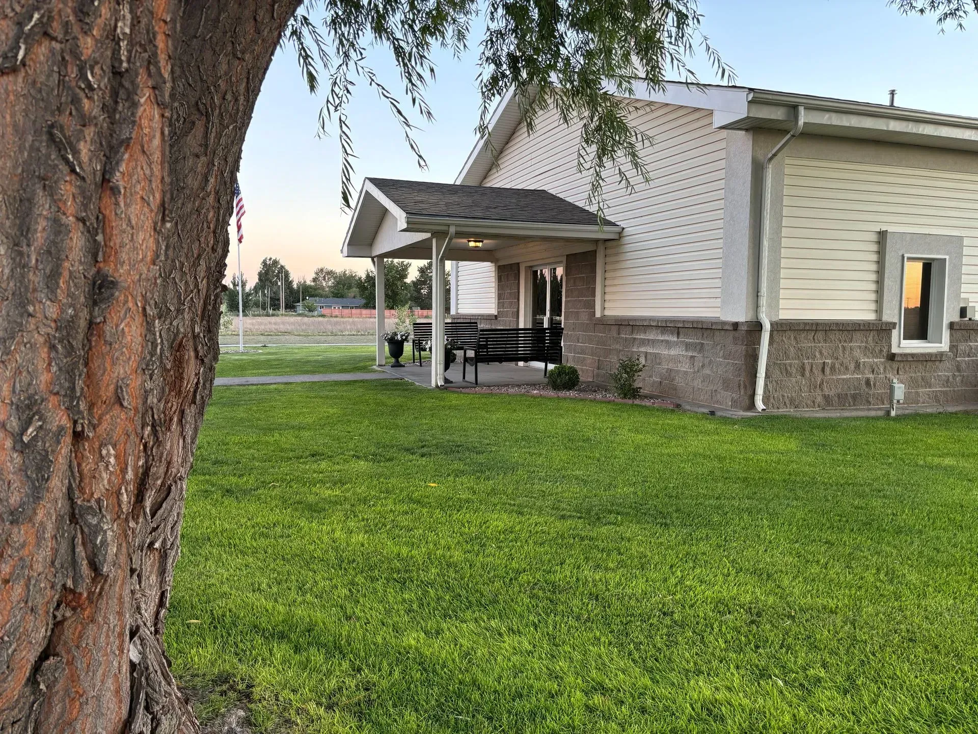 Rural house with beige siding, stone base, and a covered porch beside a grassy yard and tree trunk