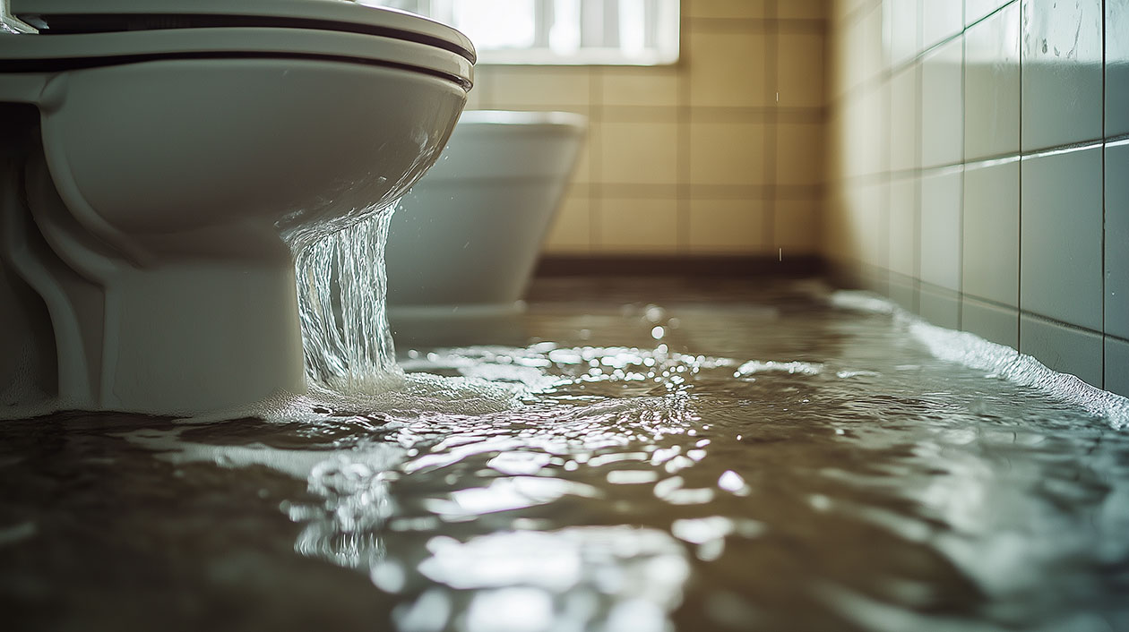Toilet overflowing, flooding bathroom with water.