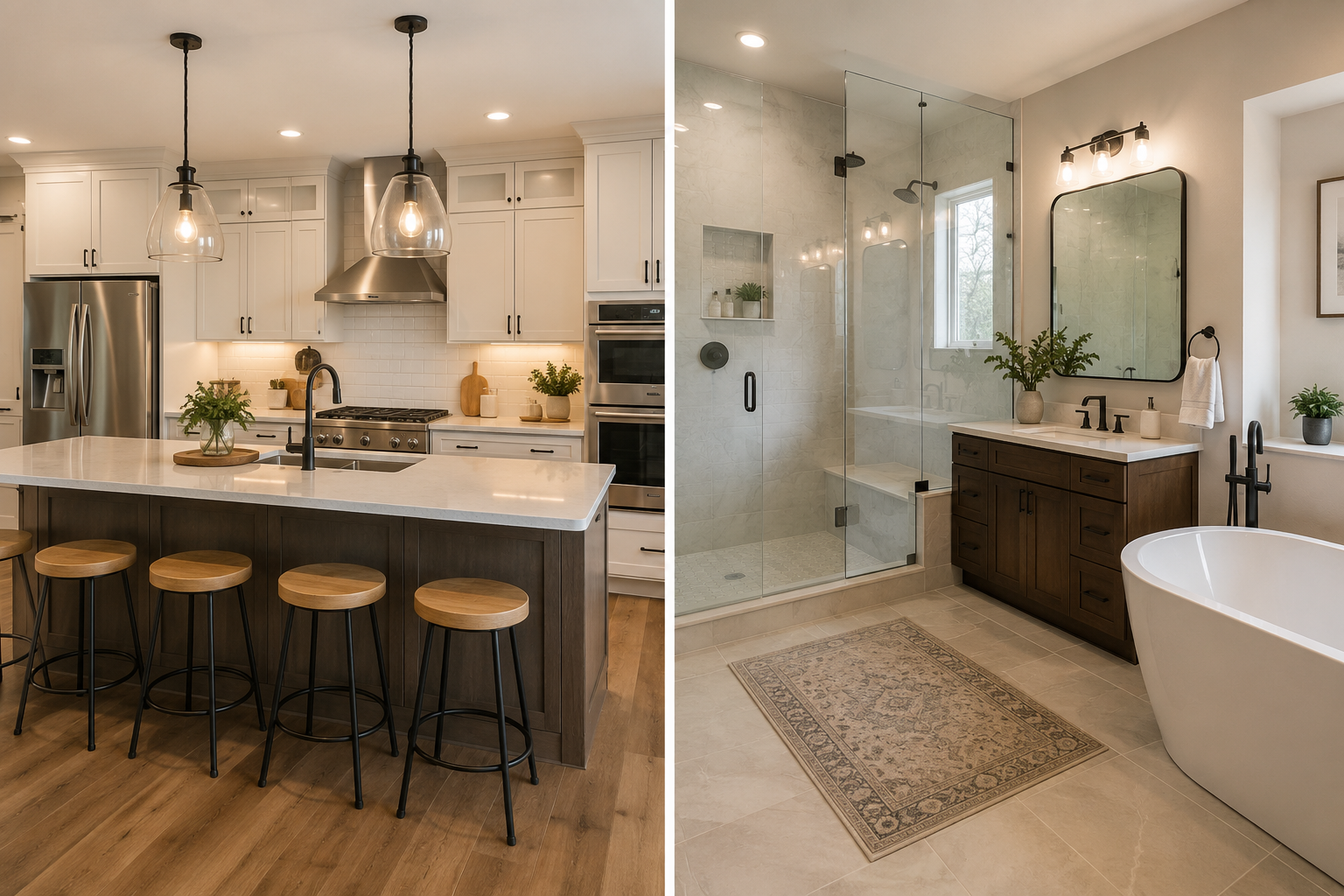 Modern kitchen and bathroom with white cabinetry, marble island, and glass shower