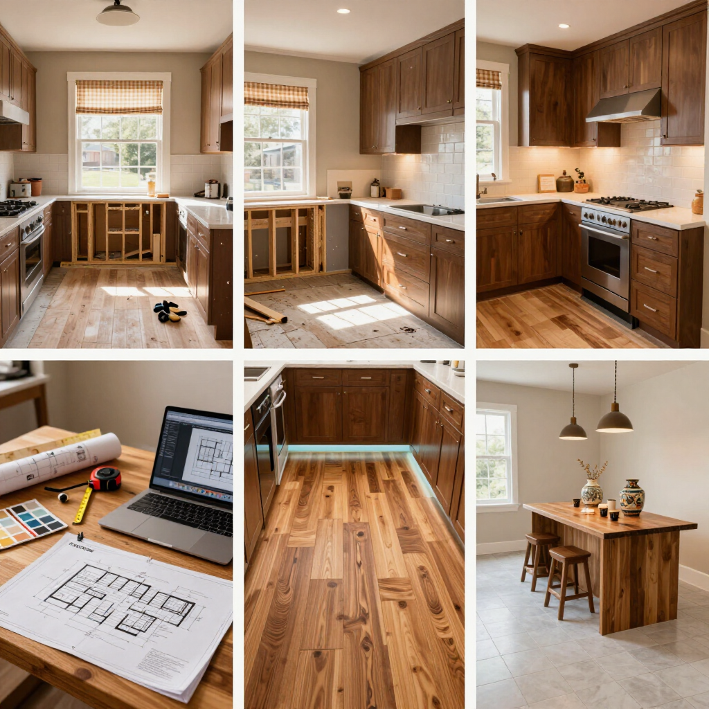 Collage of a warm wood kitchen remodel, showing cabinets, island, hardwood floors, and design plans