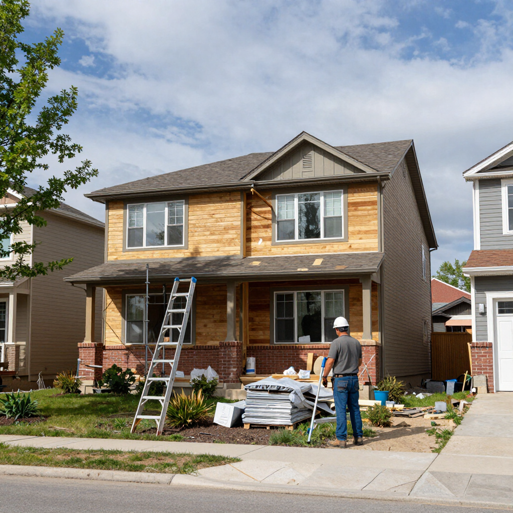 Workers repairing the front of a tan two-story house, with ladders and building materials in the yard