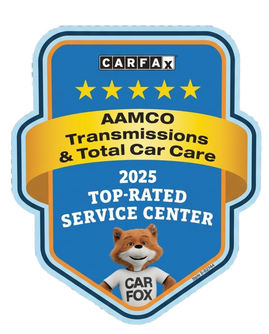 CARFAX badge for AAMCO Transmissions & Total Car Care, 2025 Top-Rated Service Center, with Car Fox mascot