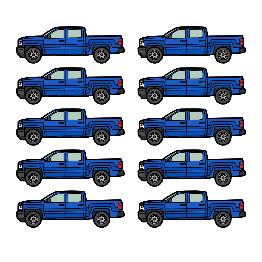 A row of blue pickup trucks are lined up in a row on a white background.