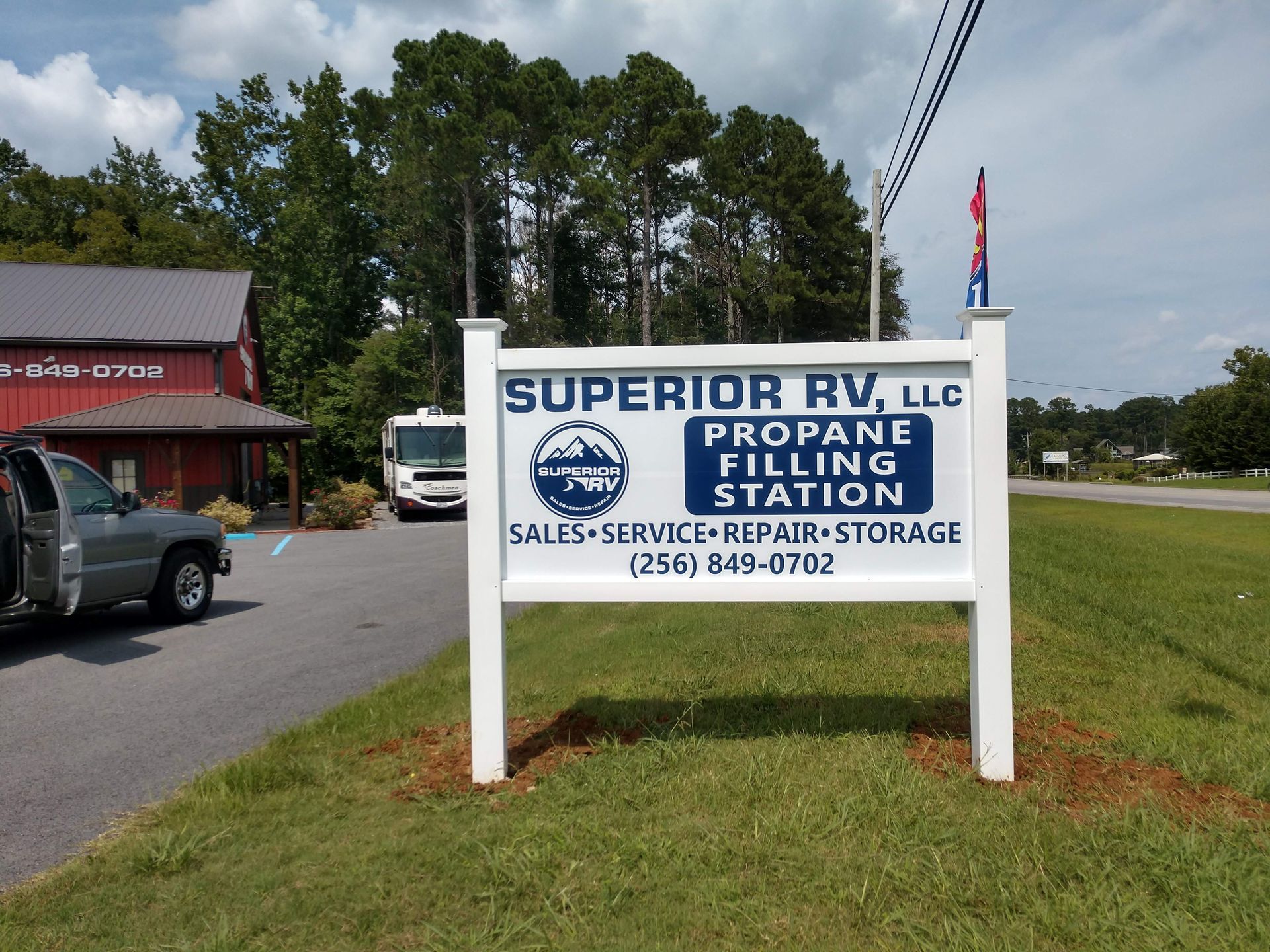 A sign for superior rv llc propane filling station