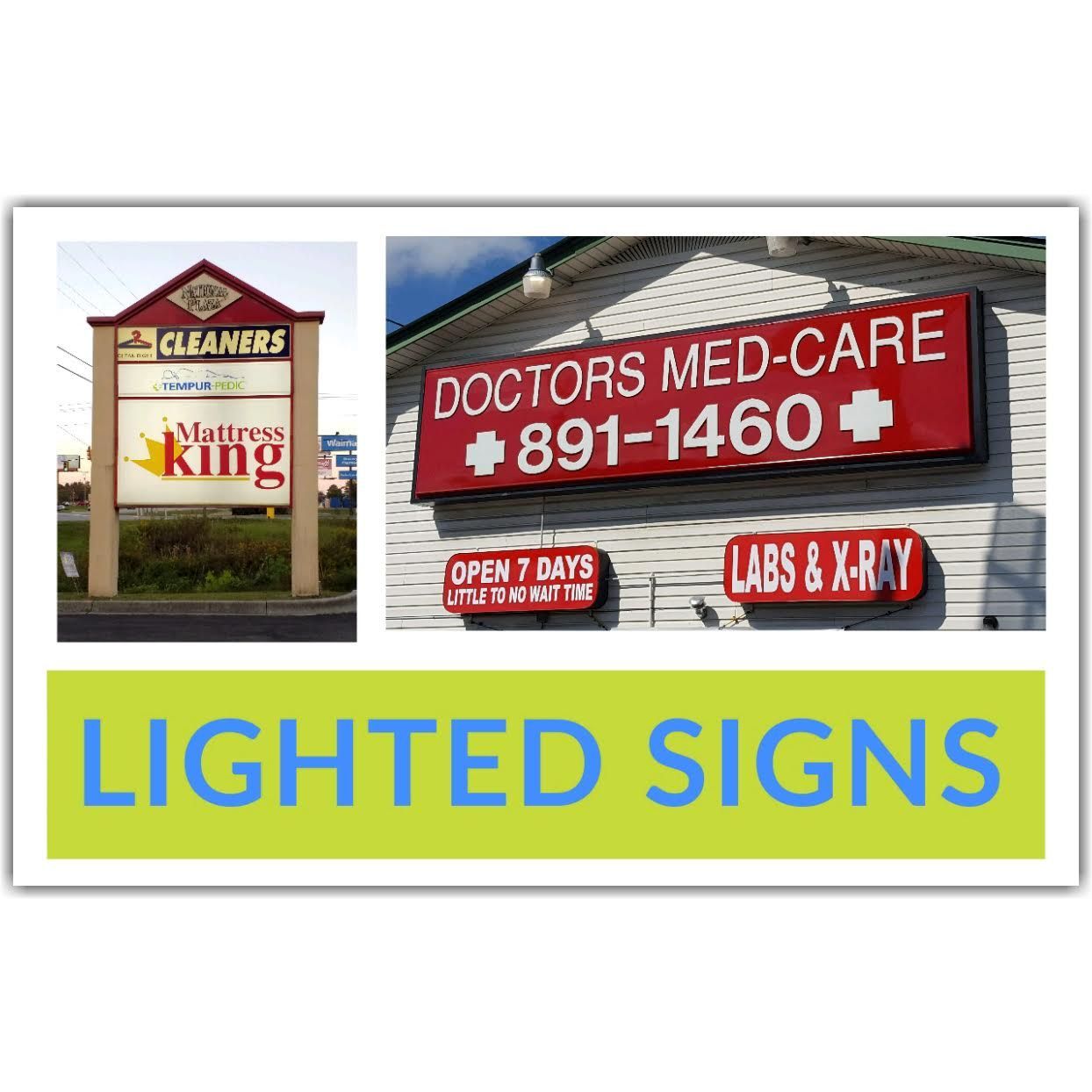 A collage of signs for doctors med-care and mattress king