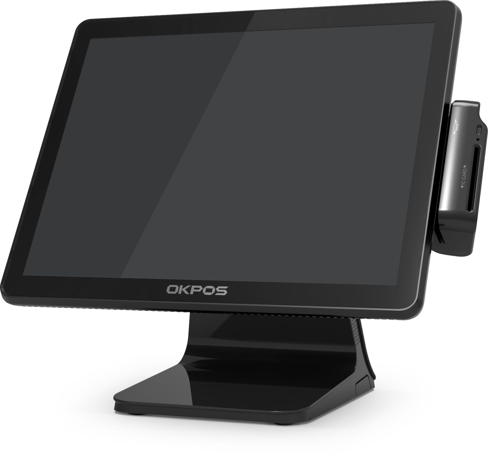 Black OKPOS touchscreen POS system with attached card reader, angled view.