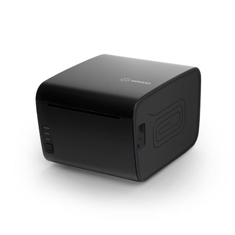 Black thermal receipt printer on a white surface.