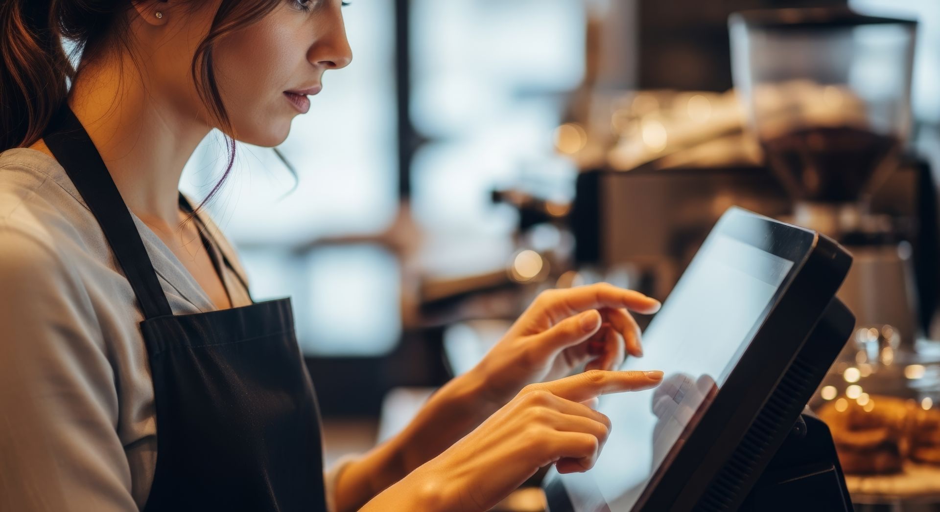 A barista at a café counter using a POS computer. Close-up of a barista using POS equipment in a coffee shop.