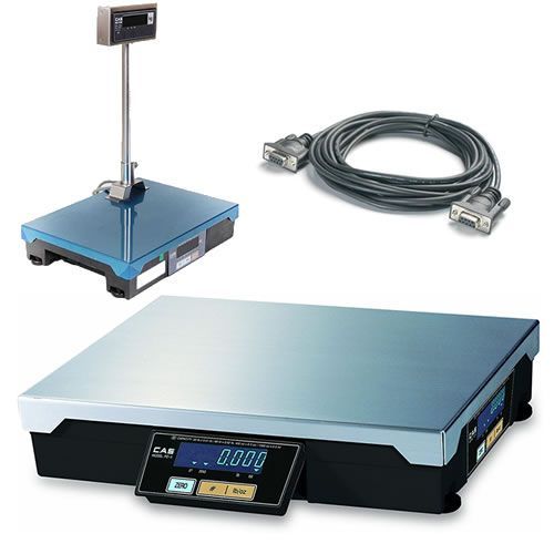 Industrial floor scales with attached display, cable, and detached display stand.