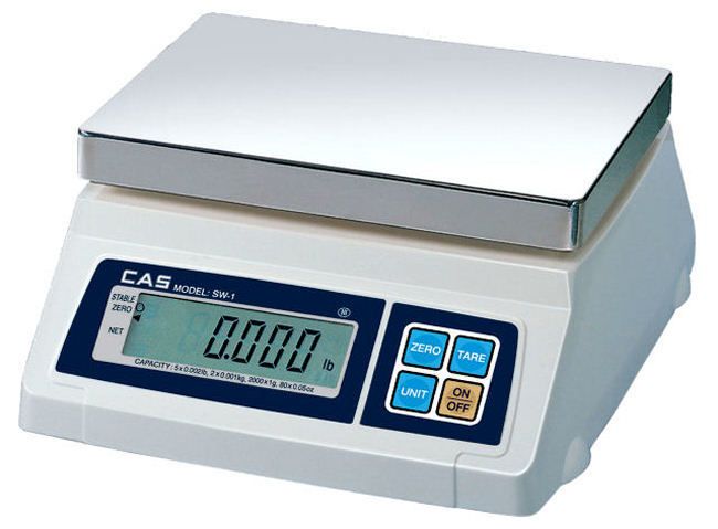 Digital scale with a silver weighing platform and LCD display showing 0.000. Buttons for zero, tare, and unit.
