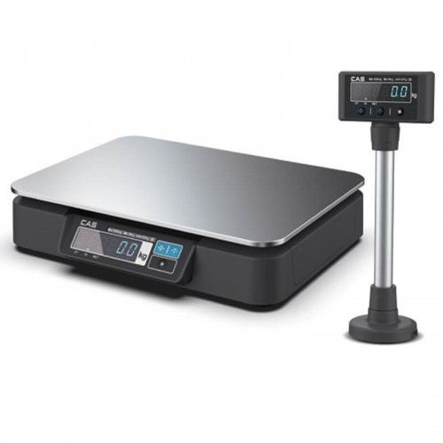 Black and silver commercial scale with separate digital display on a stand.