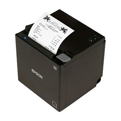 Black Epson receipt printer printing a restaurant order, with a visible receipt.