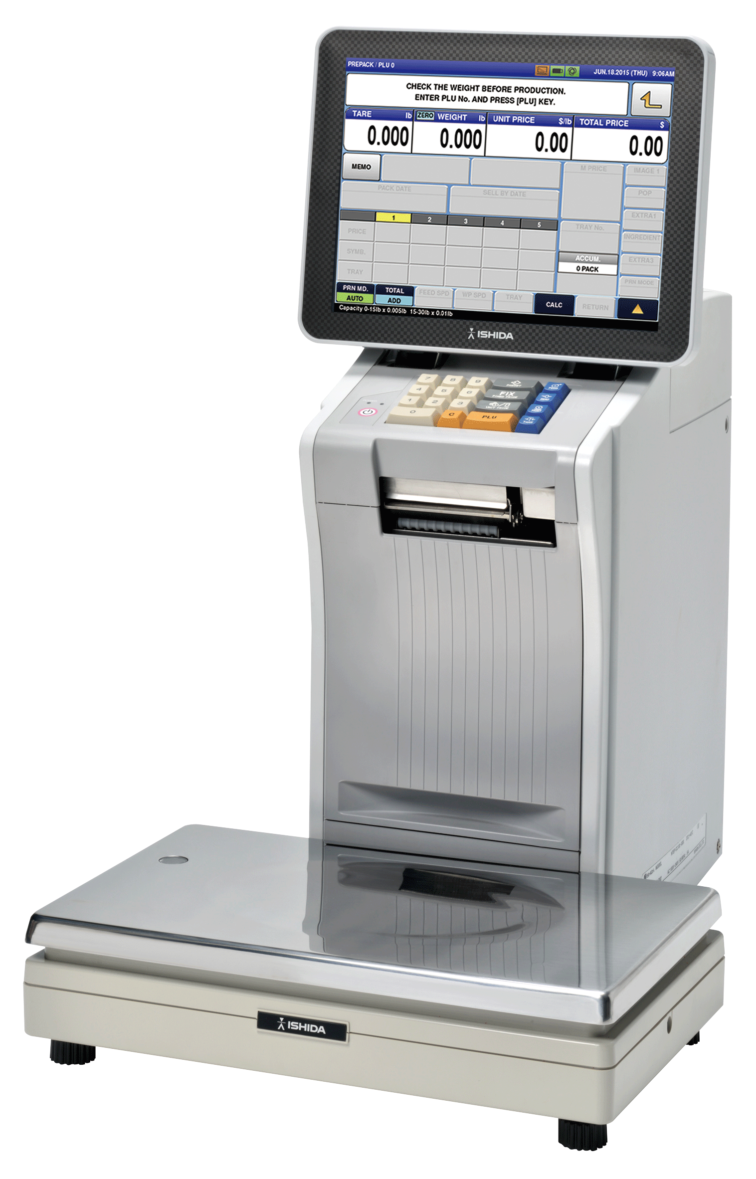 A silver digital scale with a touchscreen display, keypad, and receipt printer.
