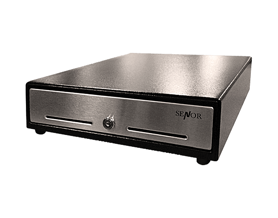 Cash drawer with silver face, black frame, and