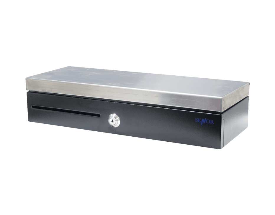Black cash register with stainless steel top.
