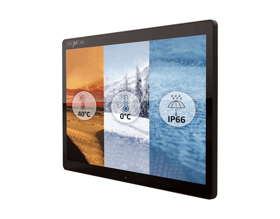 Black touchscreen display with weather icons showing temperature and IP66 waterproof rating.
