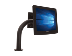 Black monitor mounted on a curved arm, displaying a Windows blue gradient on a white background.