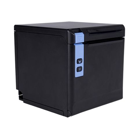 Black thermal receipt printer with a blue control panel.