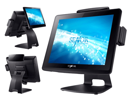Black touchscreen point-of-sale (POS) system with a stand. Includes a customer-facing display and a card reader.