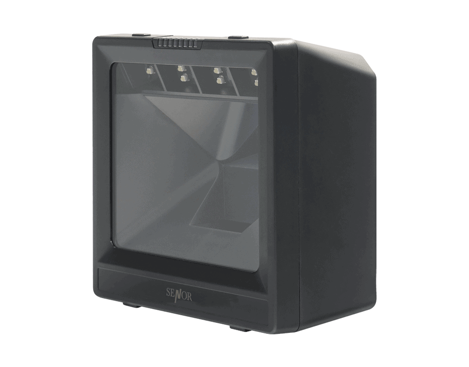 Black stationary barcode scanner.