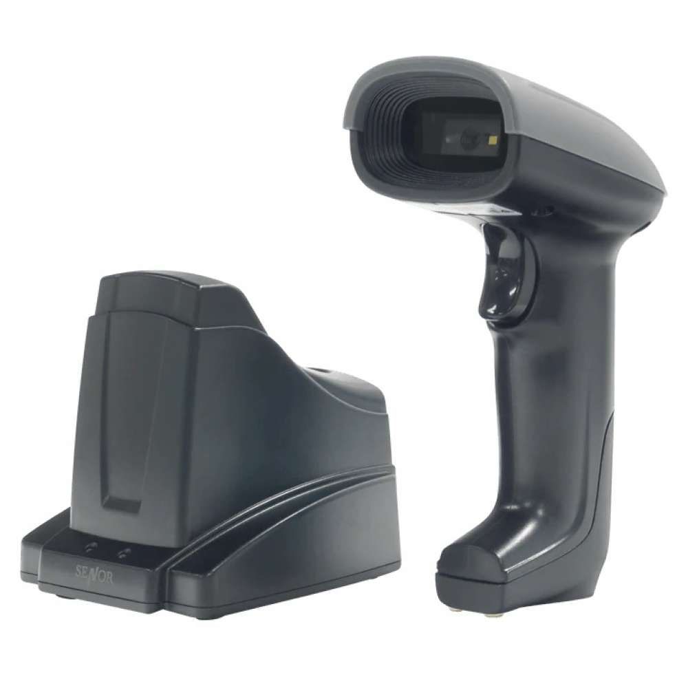 Black barcode scanner with charging dock.