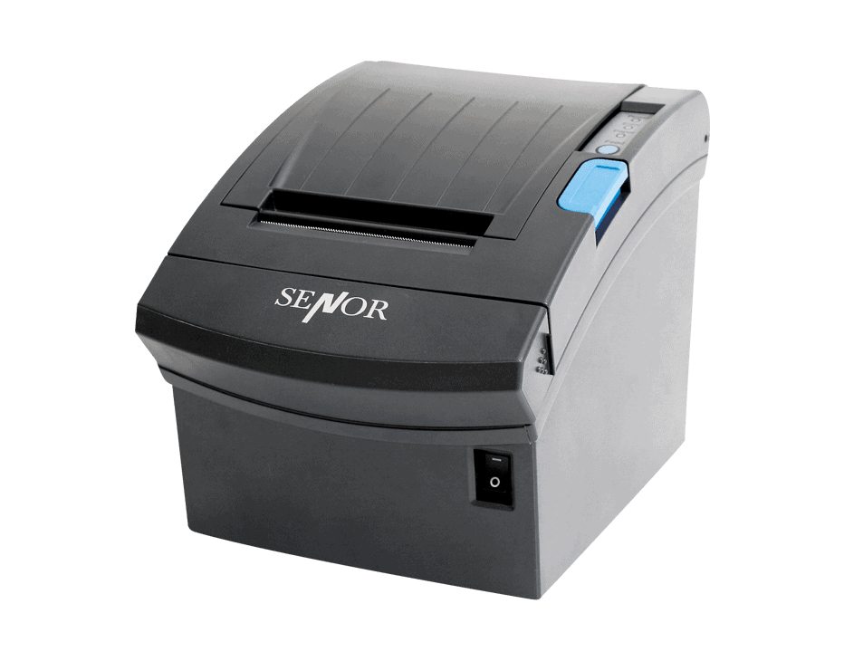 Black and gray Senor thermal receipt printer, with a blue button, power switch, and paper output slot.