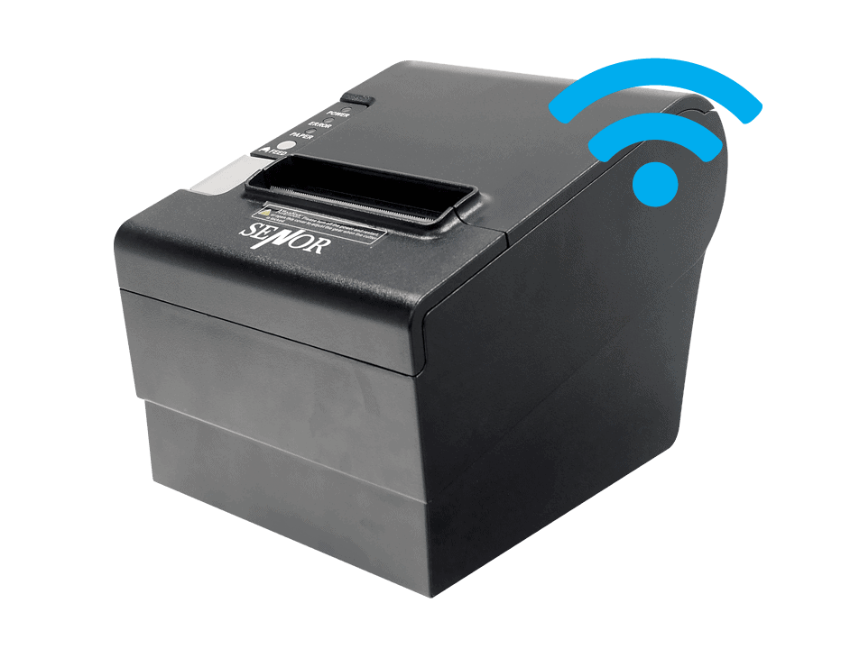 Black wireless receipt printer with a blue Wi-Fi symbol.