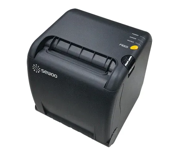 Black Sewoo receipt printer with a yellow button and status lights.