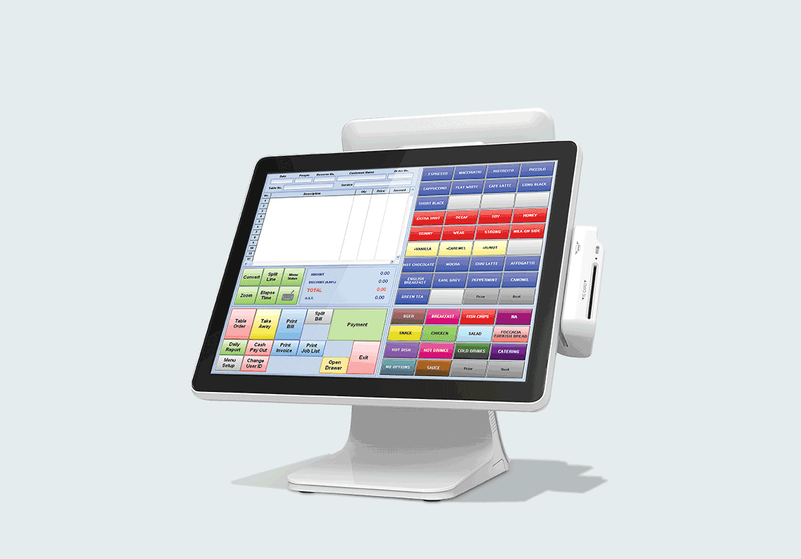 White POS touchscreen terminal, with colorful buttons, on a light blue background.