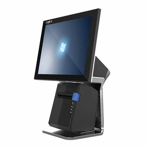 A black POS terminal with a touchscreen display and a built-in receipt printer, on a white background.