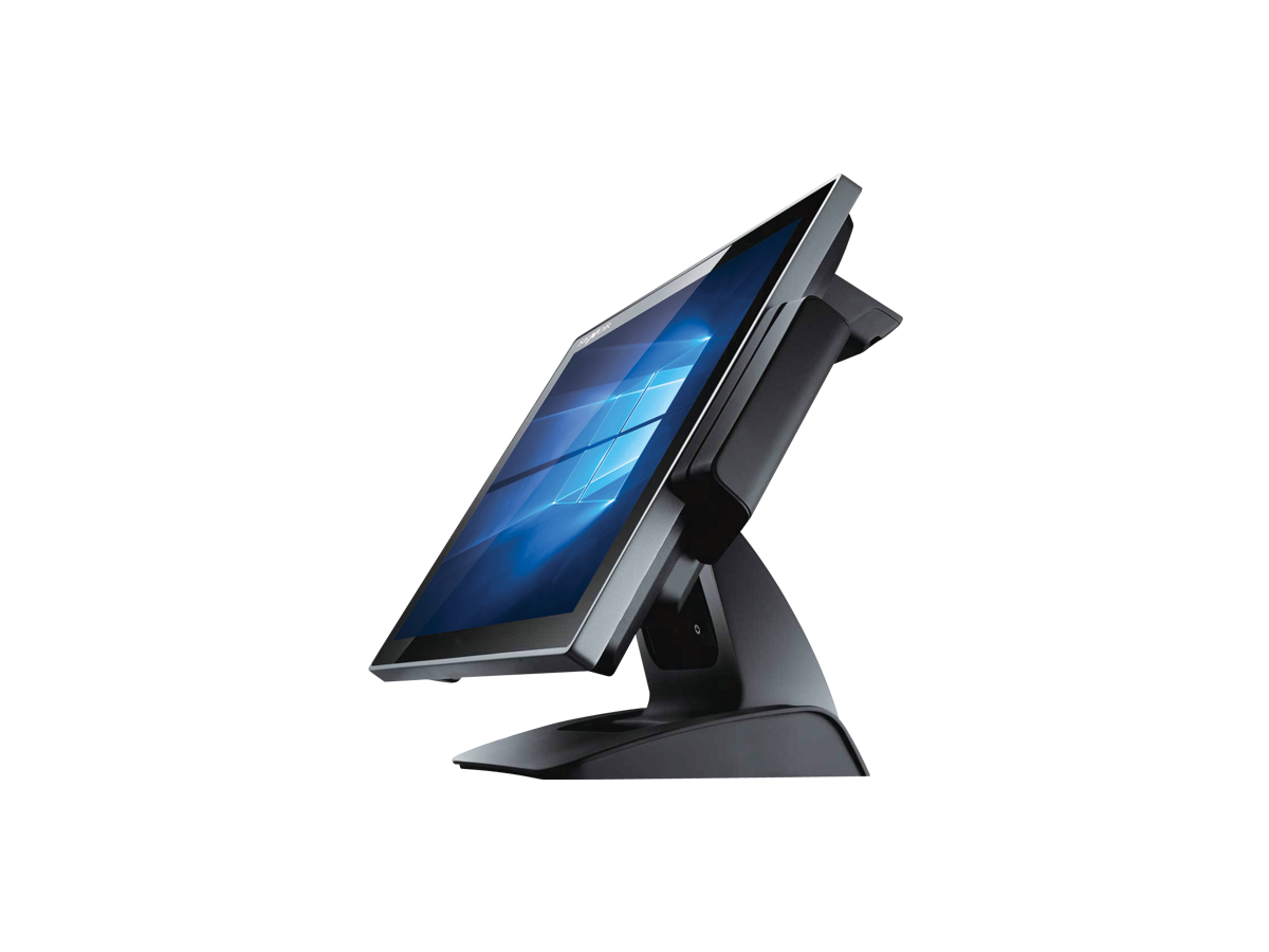 Black point-of-sale touchscreen monitor on a black stand, angled, set against a white background.