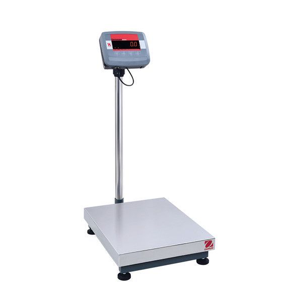 Digital industrial scale with attached display; stainless steel platform, gray post, and red display.