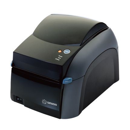 Black label printer with gray accents; front-facing, angled view.