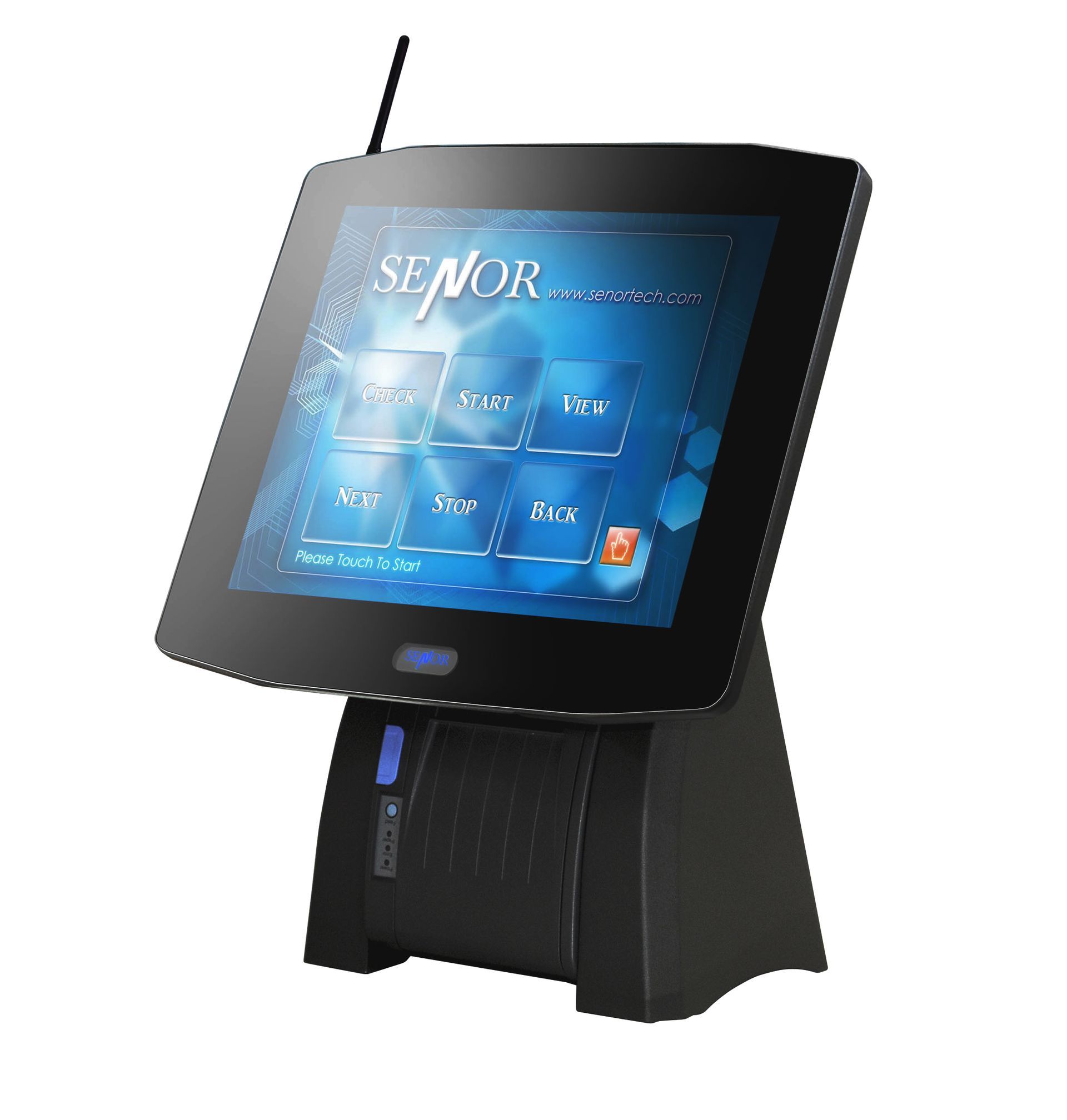 A black SENOR touchscreen point-of-sale terminal with a blue-lit button and a small antenna.